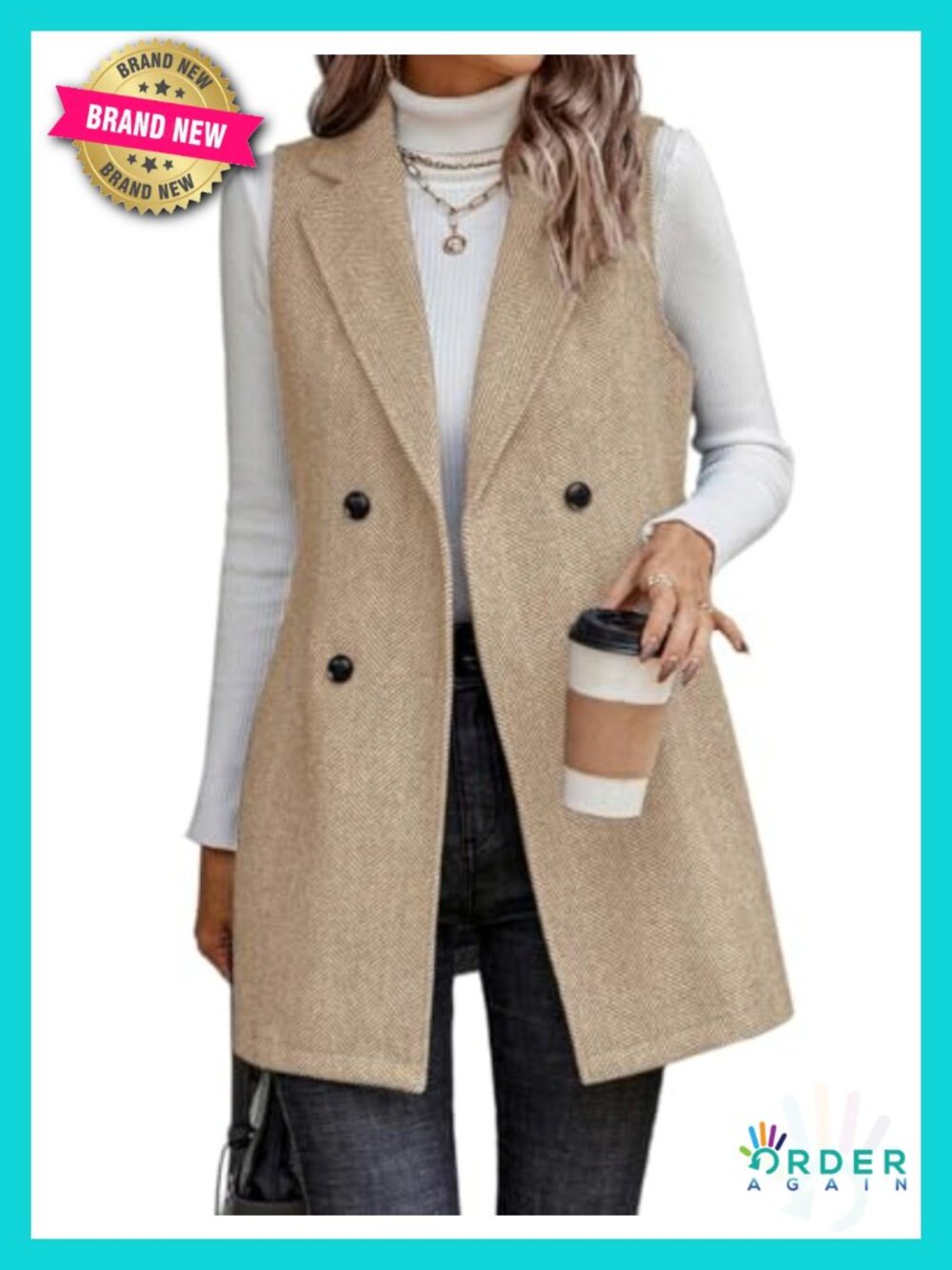 Sleeveless Herringbone Wool Blend Vest Blazer Jacket